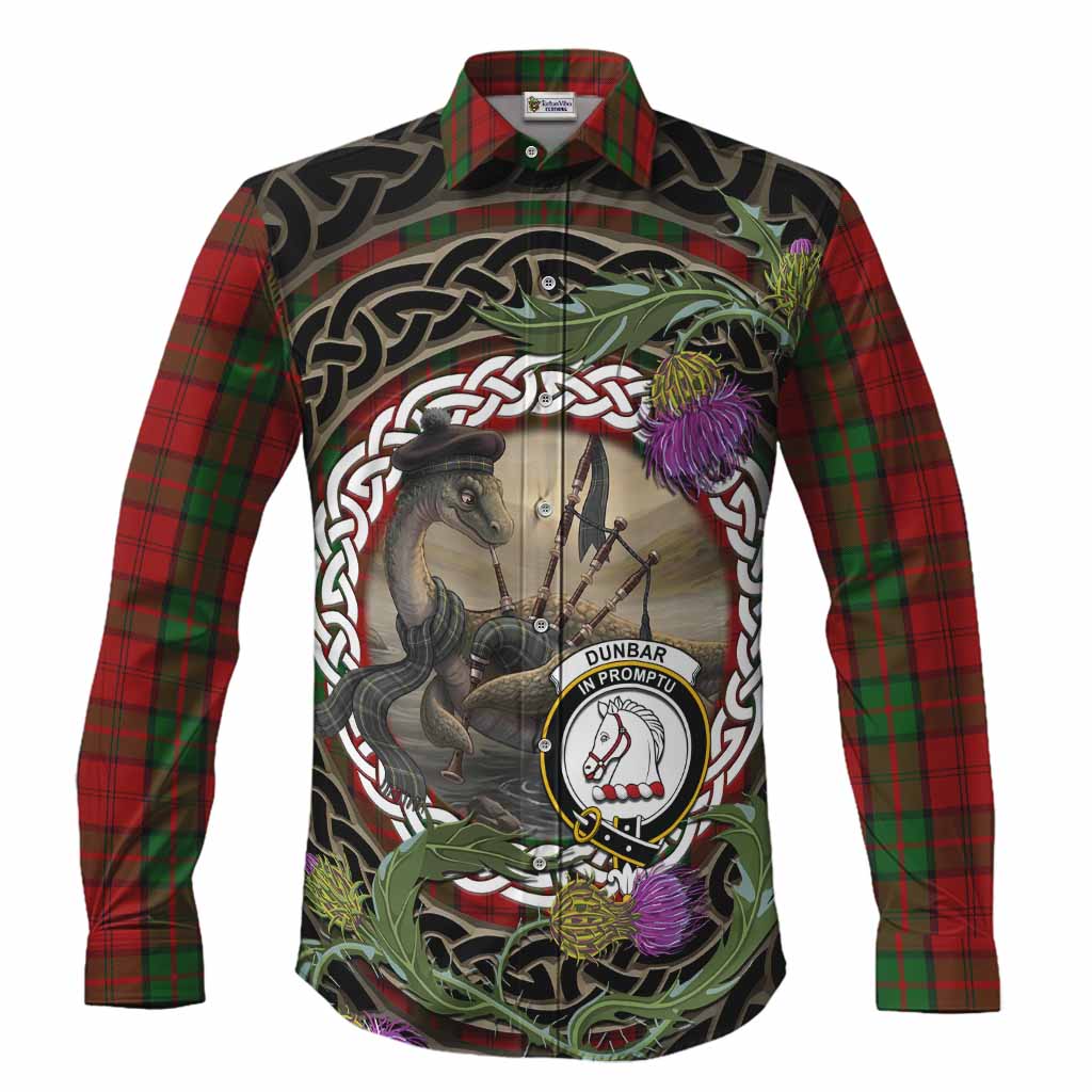 Dunbar Tartan Crest Bagpipe Nessie Long Sleeve Button Shirts Scottish Loch Ness Monster Celtic Thistle