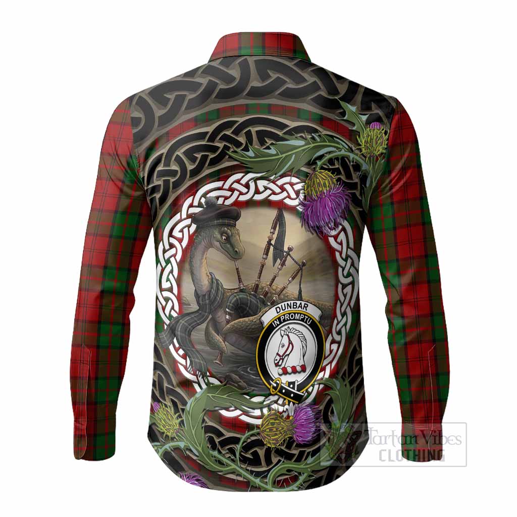 Dunbar Tartan Crest Bagpipe Nessie Long Sleeve Button Shirts Scottish Loch Ness Monster Celtic Thistle