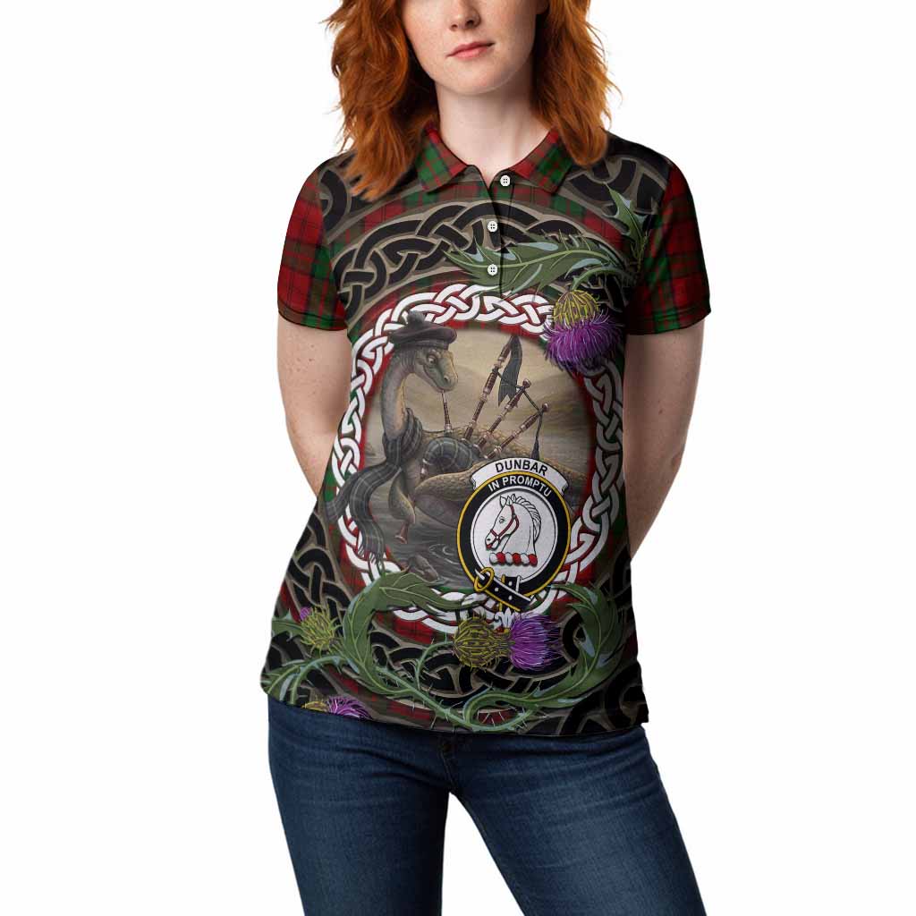 Dunbar Tartan Crest Bagpipe Nessie Women Polo Shirt Scottish Loch Ness Monster Celtic Thistle