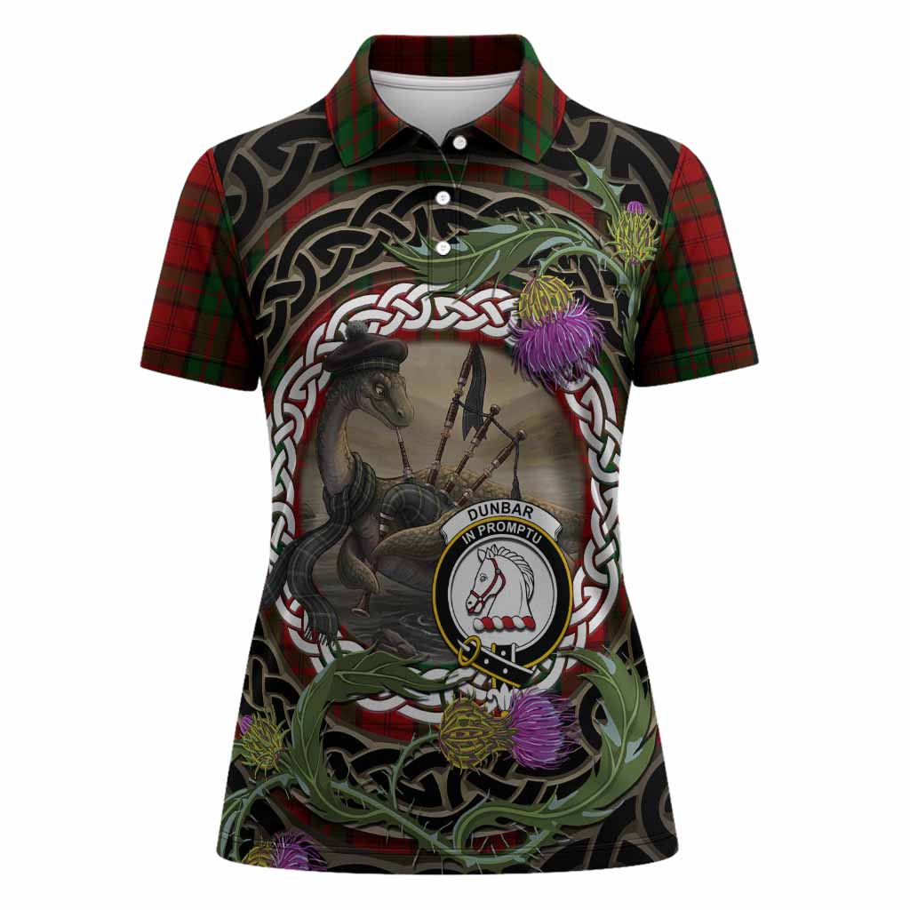 Dunbar Tartan Crest Bagpipe Nessie Women Polo Shirt Scottish Loch Ness Monster Celtic Thistle