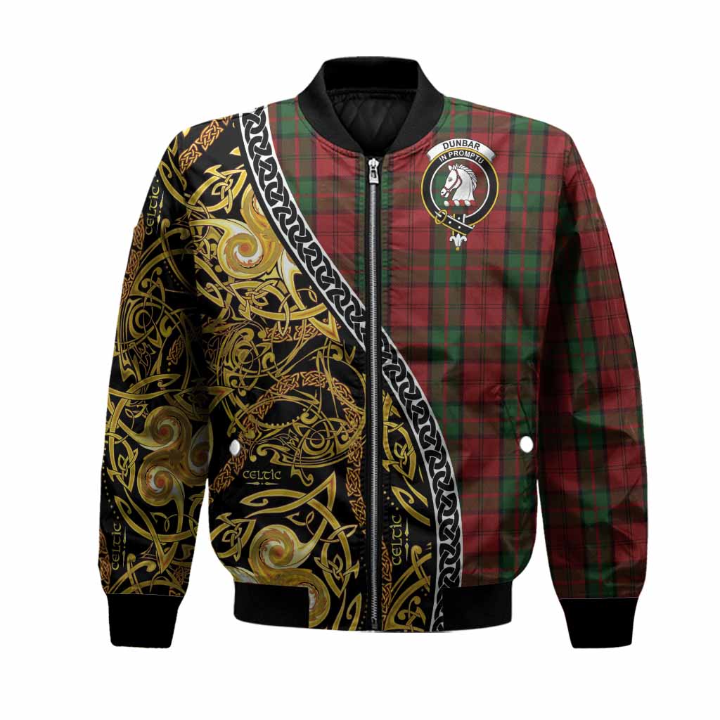 Dunbar Tartan Crest Bomber Jacket Celtic Knot and Triple Trickle Spiral Symbols