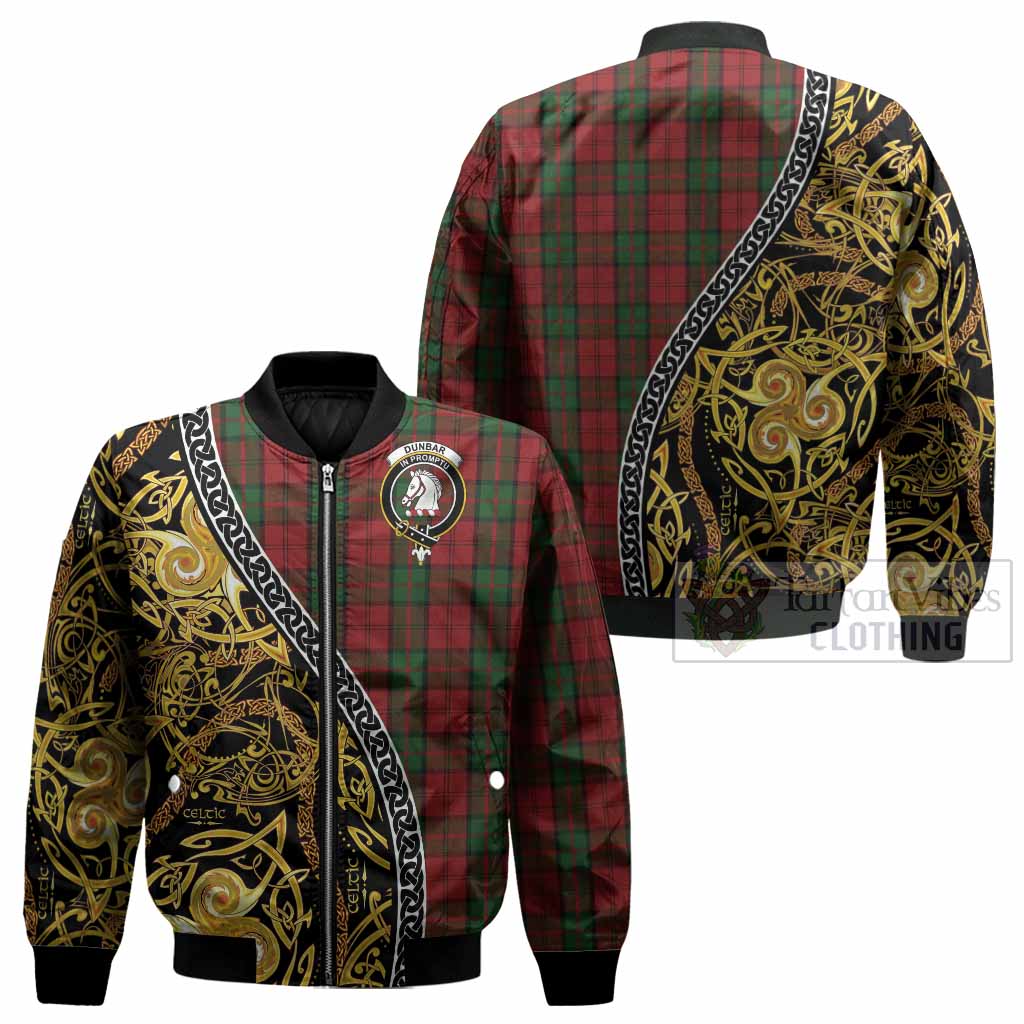 Dunbar Tartan Crest Bomber Jacket Celtic Knot and Triple Trickle Spiral Symbols