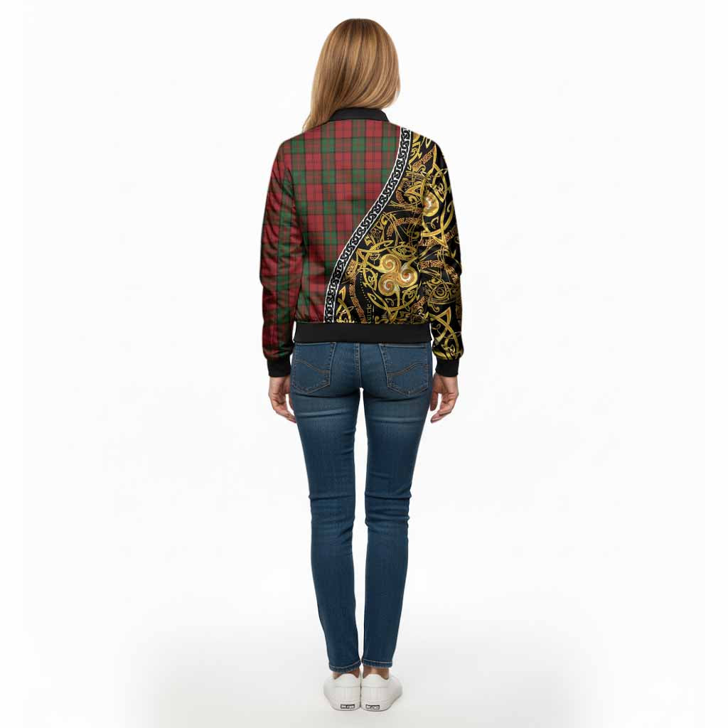 Dunbar Tartan Crest Bomber Jacket Celtic Knot and Triple Trickle Spiral Symbols