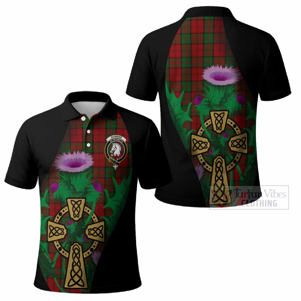 Dunbar Tartan Crest Polo Shirt Celtic Cross Thistle Flowers