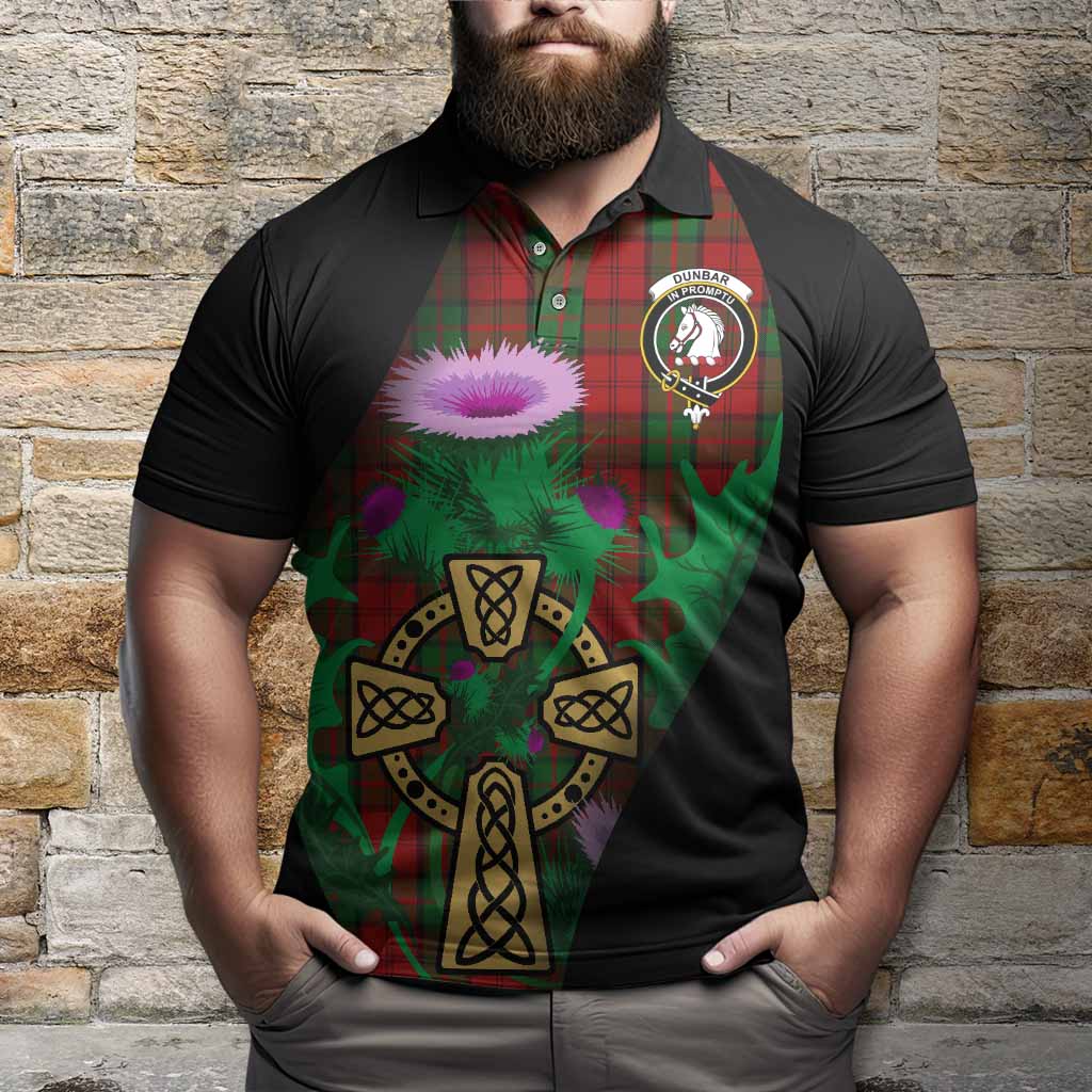 Dunbar Tartan Crest Polo Shirt Celtic Cross Thistle Flowers