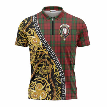 Dunbar Tartan Crest Zipper Polo Shirt Celtic Knot and Triple Trickle Spiral Symbols