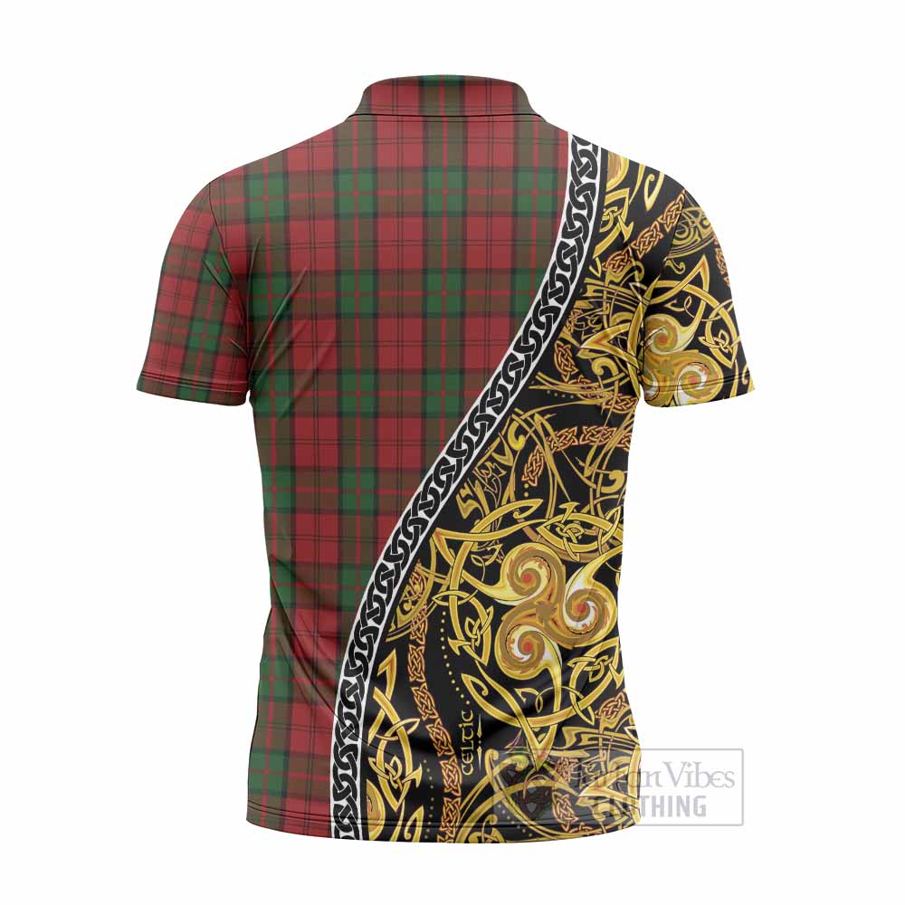 Dunbar Tartan Crest Zipper Polo Shirt Celtic Knot and Triple Trickle Spiral Symbols
