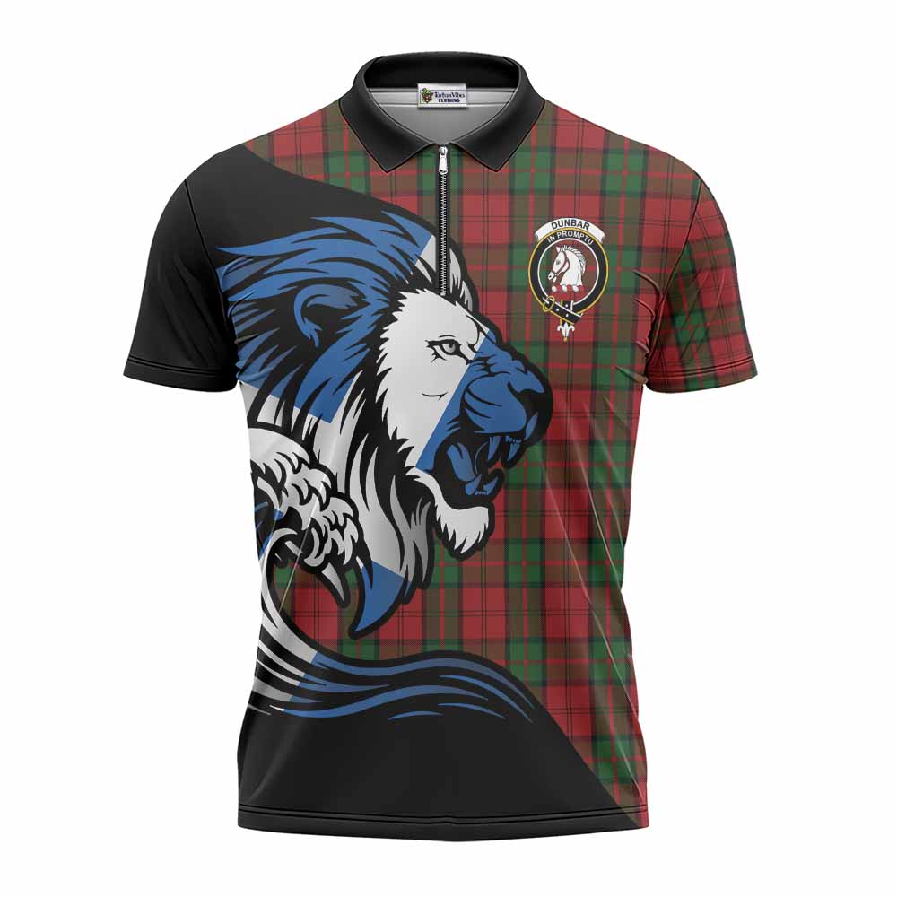 Dunbar Tartan Crest Zipper Polo Shirt Scottish Golden Lions Wave Flow