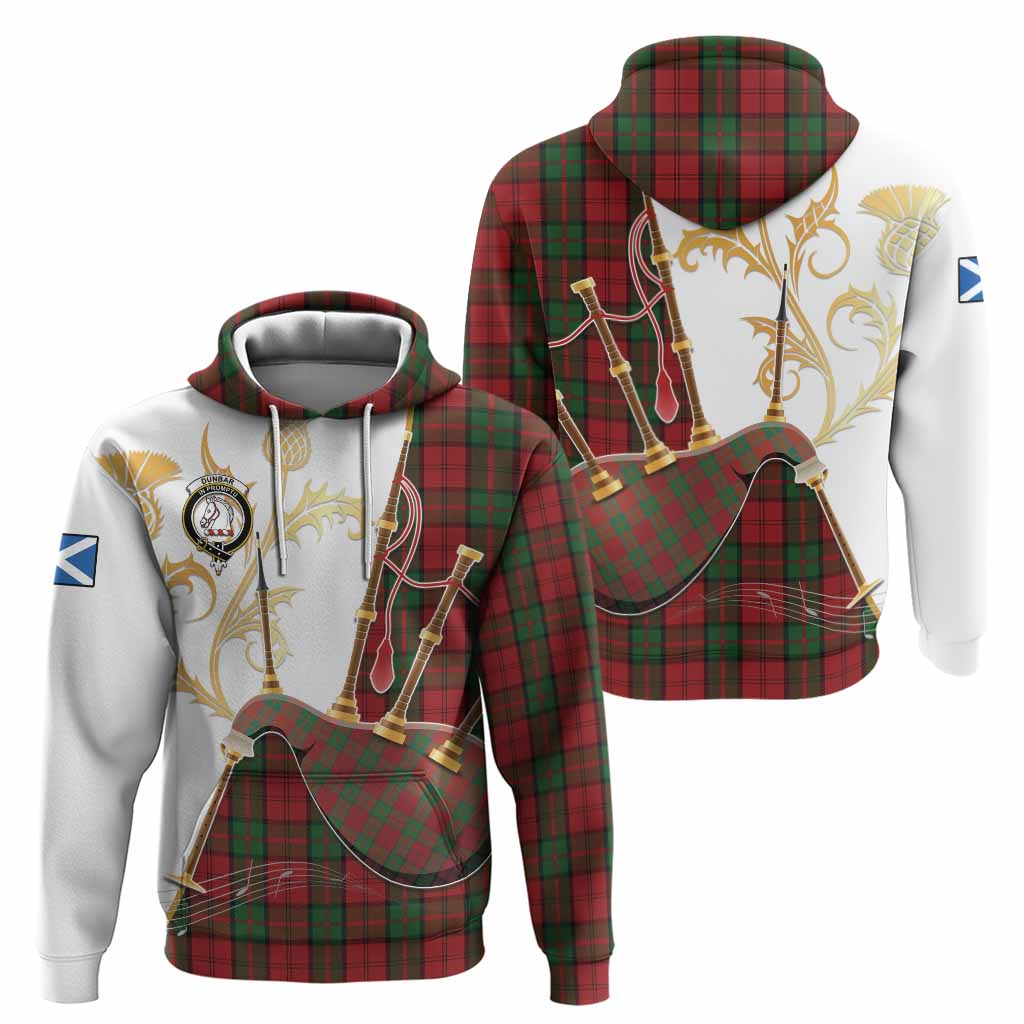 Dunbar Tartan Family Crest Hoodie Bagpipes with Scottish Thistle