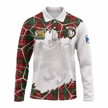 Dunbar Tartan Long Sleeve Polo Shirt with Family Crest and Lion Rampant Grunge Style