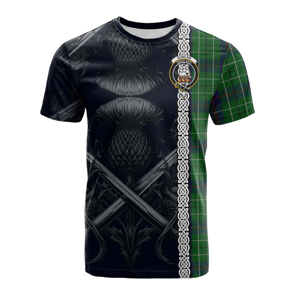 Tartan Vibes Clothing Duncan Tartan Cotton T-shirt with Family Crest Cross Sword Thistle Celtic Vibes