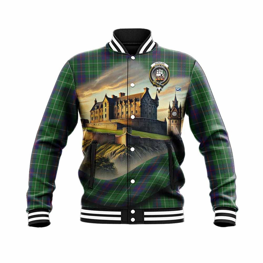 Tartan Vibes Clothing Duncan Tartan Family Crest Baseball Jacket with Scottish Ancient Castle Style