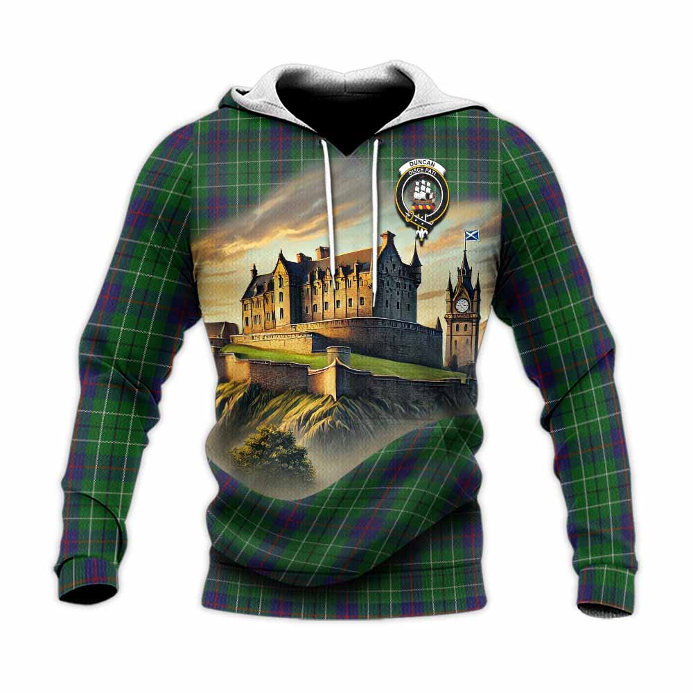 Tartan Vibes Clothing Duncan Tartan Family Crest Knitted Hoodie with Scottish Ancient Castle Style