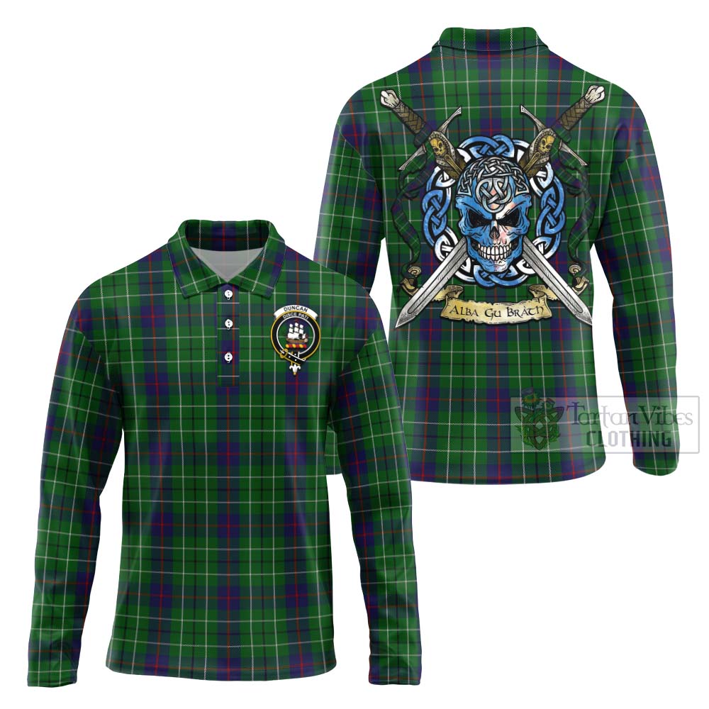 Tartan Vibes Clothing Duncan Tartan Long Sleeve Polo Shirt with Family Crest Celtic Skull Style