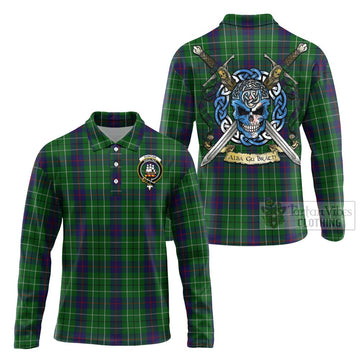 Duncan Tartan Long Sleeve Polo Shirt with Family Crest Celtic Skull Style