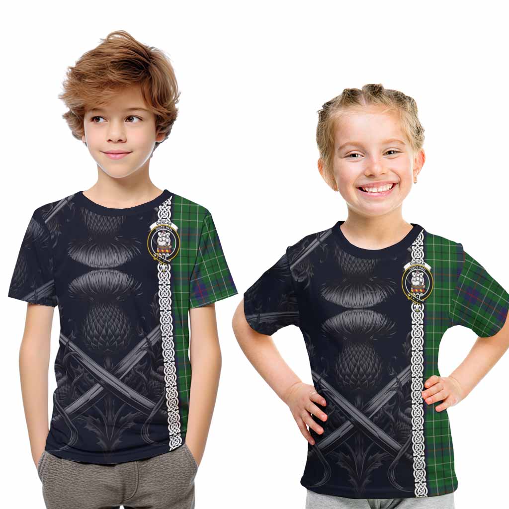 Tartan Vibes Clothing Duncan Tartan Kid T-Shirt with Family Crest Cross Sword Thistle Celtic Vibes