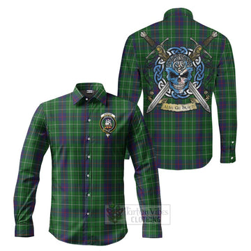 Tartan Vibes Clothing Duncan Tartan Long Sleeve Button Shirt with Family Crest Celtic Skull Style