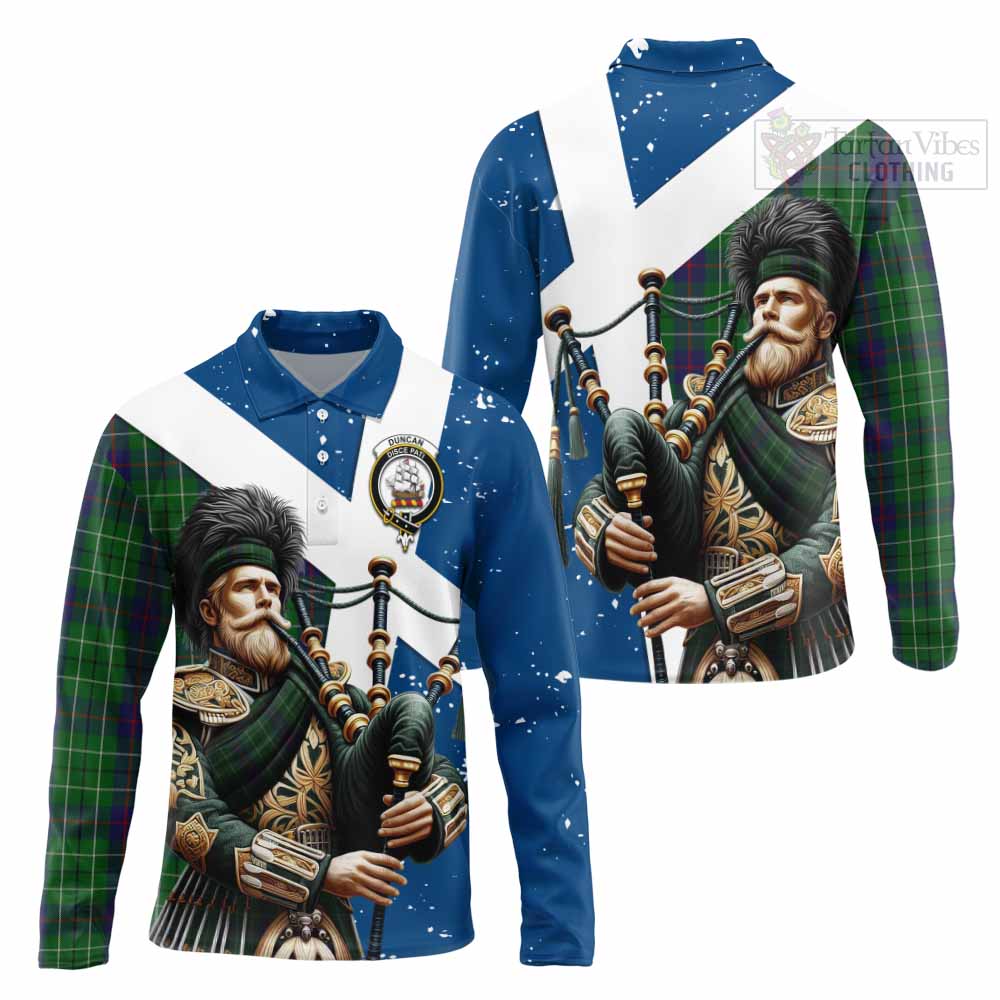 Tartan Vibes Clothing Duncan Tartan Long Sleeve Polo Shirt with Family Crest Scottish Bagpiper Vibes