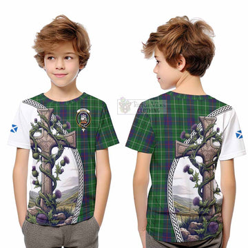 Tartan Vibes Clothing Duncan Tartan Kid T-Shirt with Family Crest and St. Andrew's Cross Accented by Thistle Vines