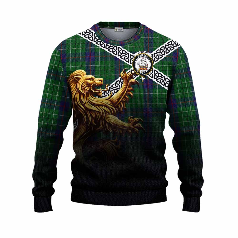 Tartan Vibes Clothing Duncan Crest Tartan Knitted Sweater with Golden Lion Emblem Celtic Style