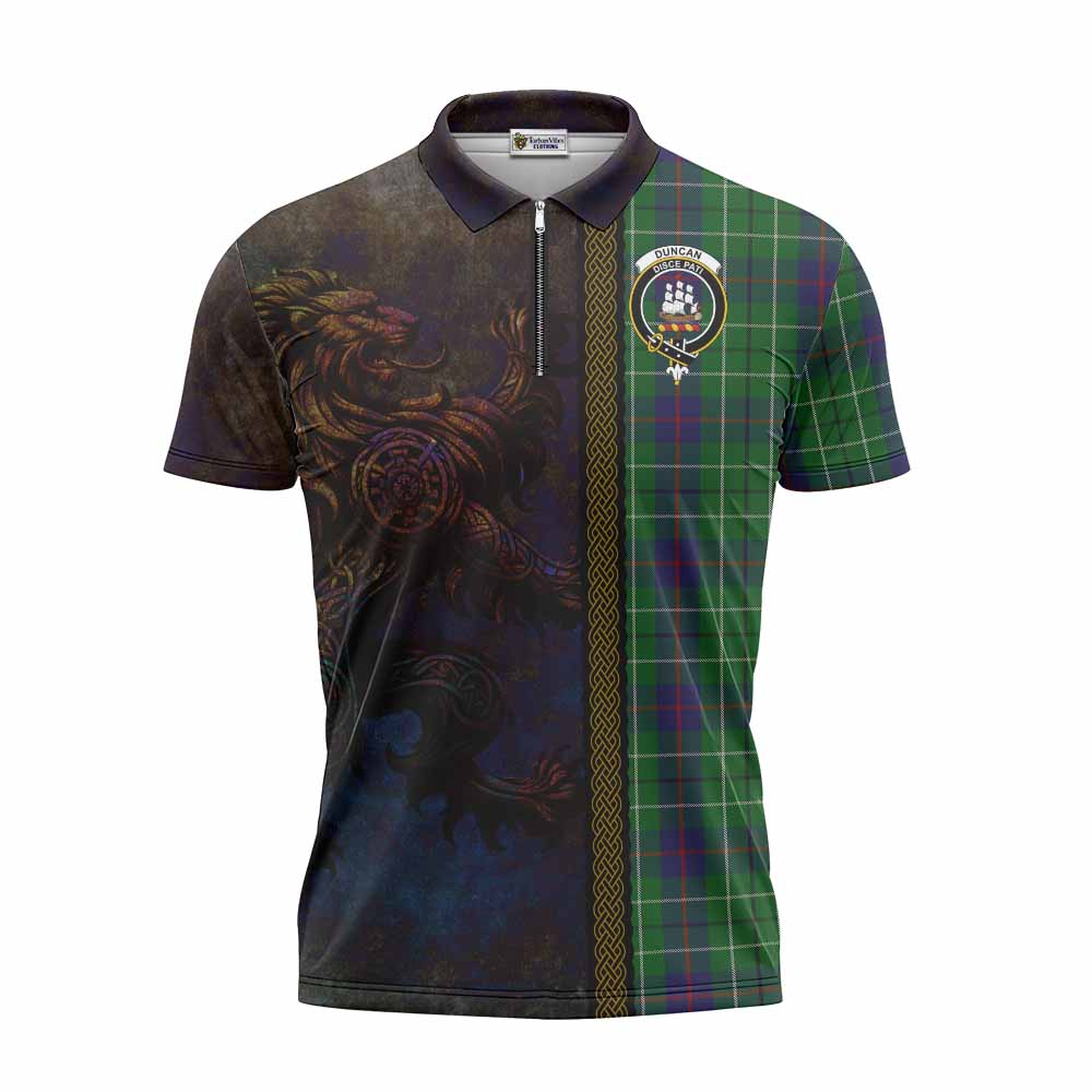 Tartan Vibes Clothing Duncan Tartan Family Crest Zipper Polo Shirt Alba Gu Brath Be Brave Lion Ancient Style