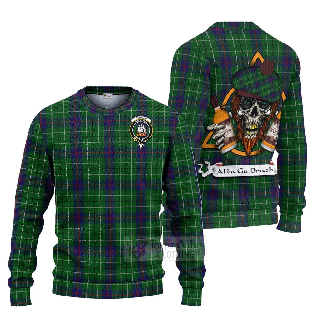Tartan Vibes Clothing Duncan Tartan Knitted Sweater with Family Crest and Bearded Skull Holding Bottles of Whiskey