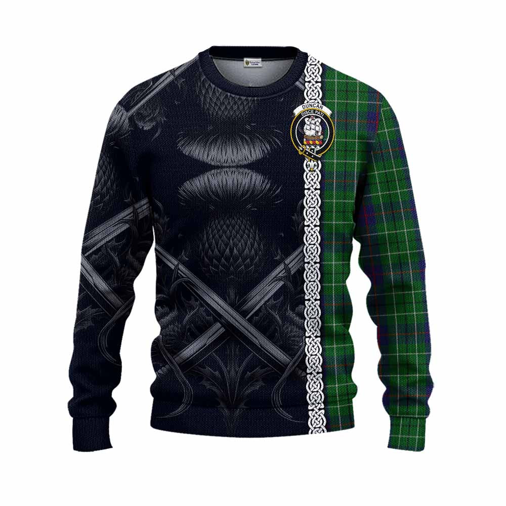 Tartan Vibes Clothing Duncan Tartan Knitted Sweater with Family Crest Cross Sword Thistle Celtic Vibes