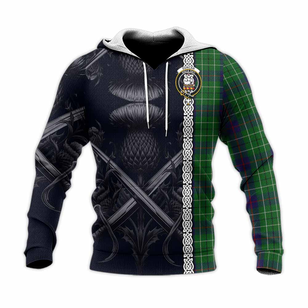 Tartan Vibes Clothing Duncan Tartan Knitted Hoodie with Family Crest Cross Sword Thistle Celtic Vibes