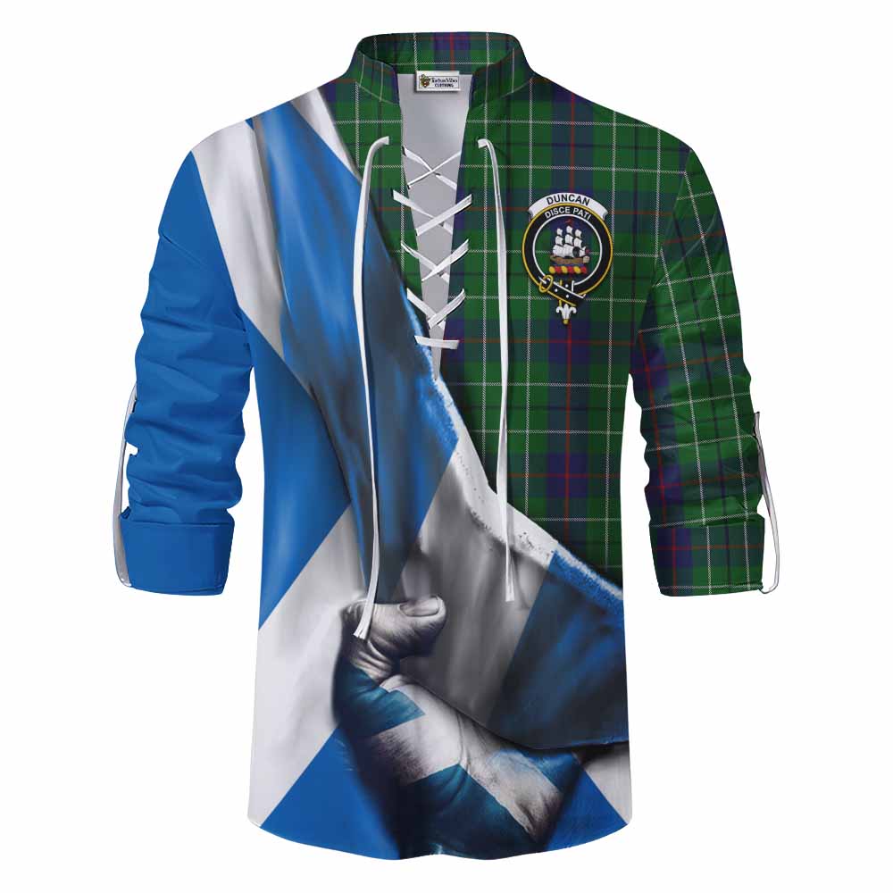 Tartan Vibes Clothing Duncan Tartan Ghillie Kilt Shirt with Family Crest Scotland Patriotic Style