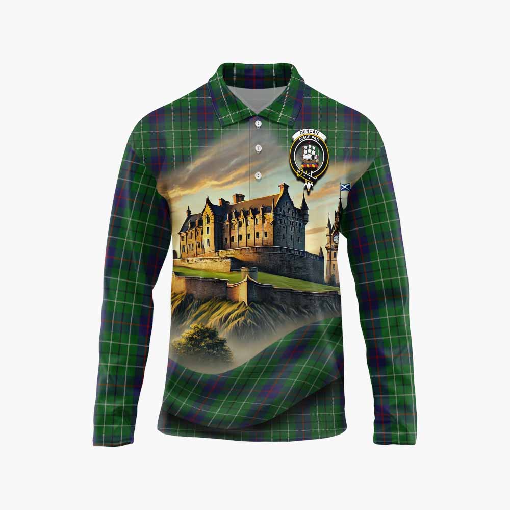 Tartan Vibes Clothing Duncan Tartan Family Crest Long Sleeve Polo Shirt with Scottish Ancient Castle Style