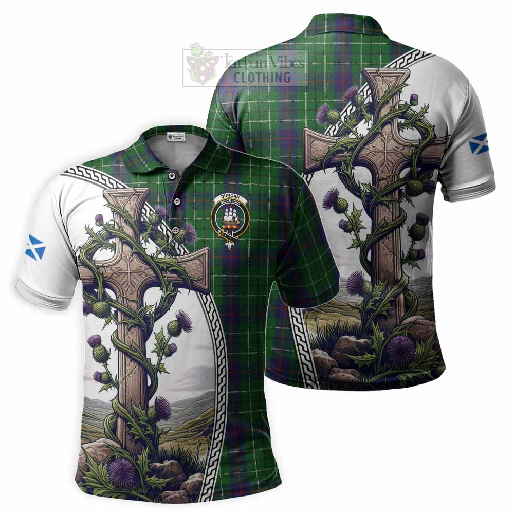 Tartan Vibes Clothing Duncan Tartan Polo Shirt with Family Crest and St. Andrew's Cross Accented by Thistle Vines