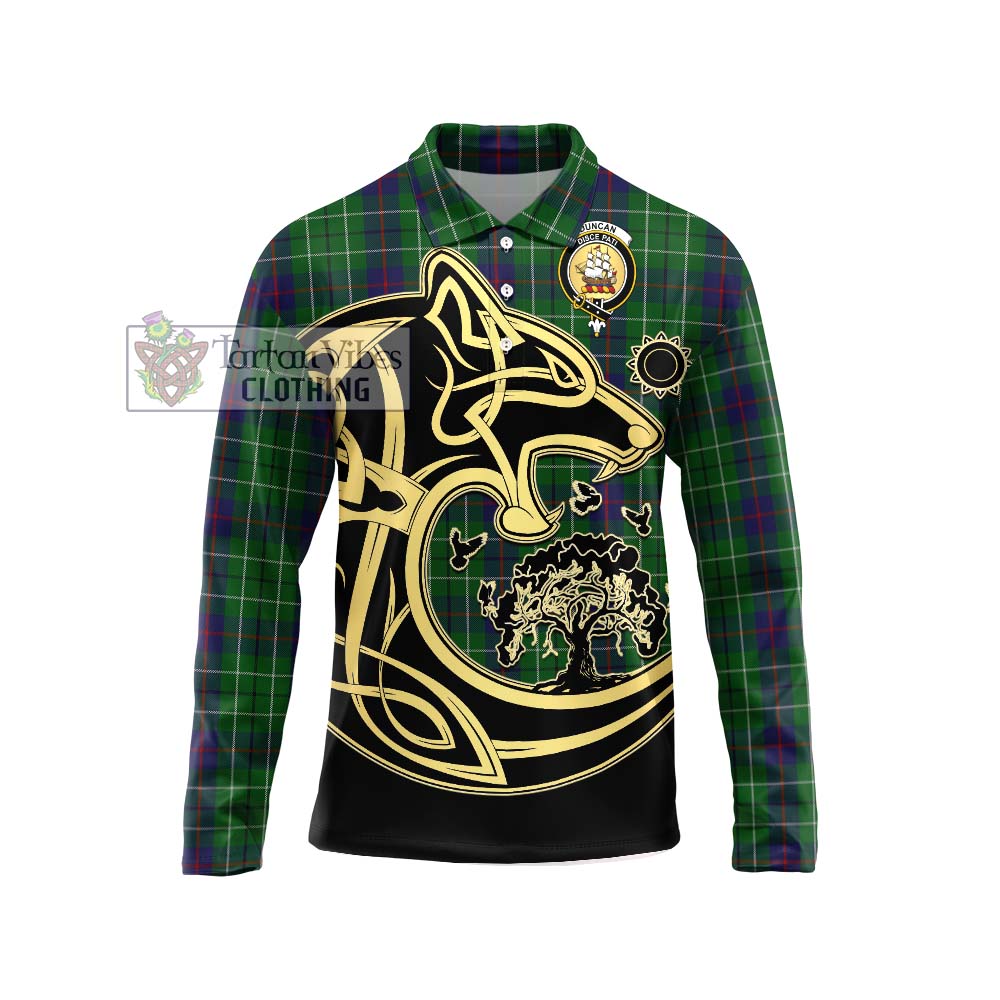 Duncan Tartan Long Sleeve Polo Shirt with Family Crest Celtic Wolf Style Unisex - Tartanvibesclothing Shop