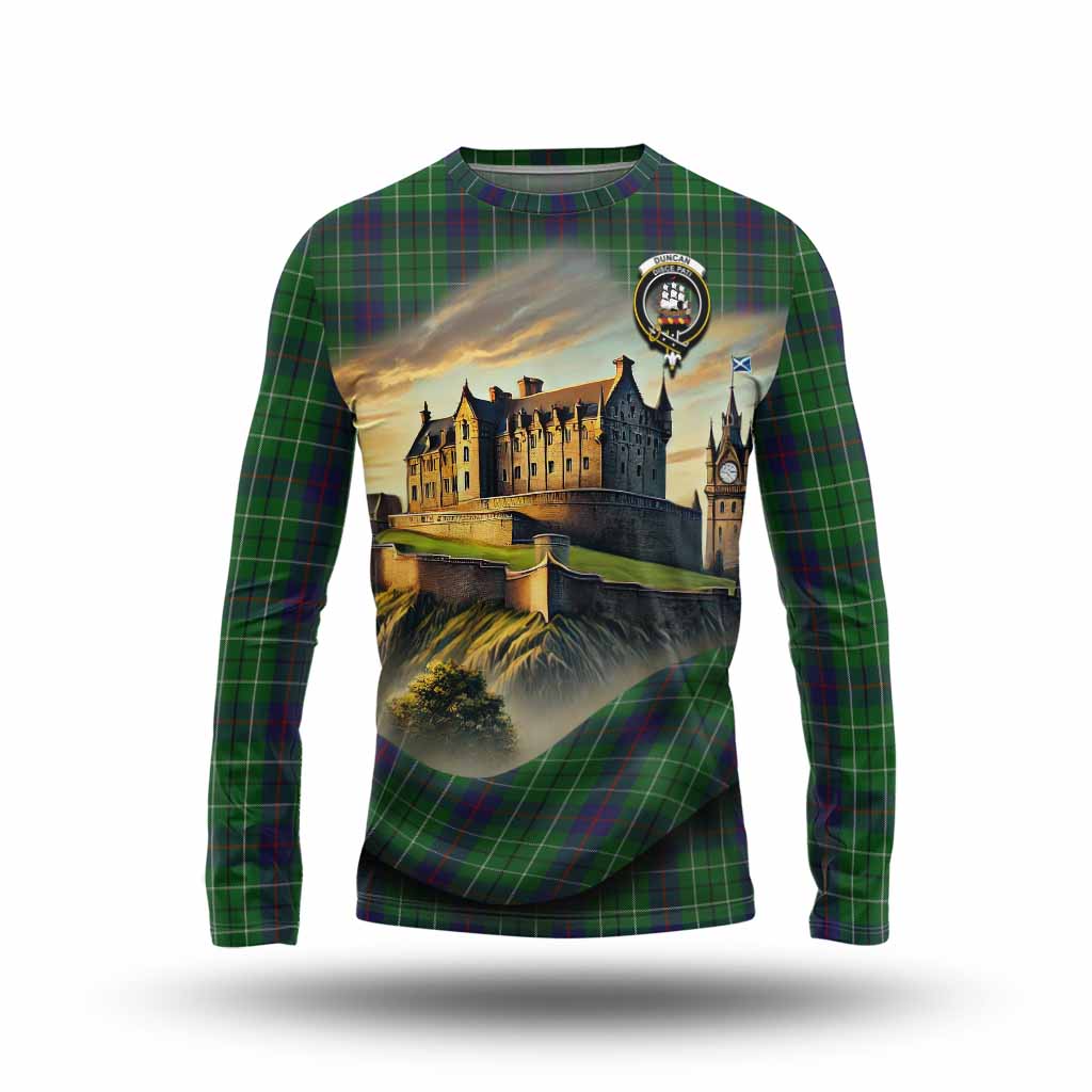 Tartan Vibes Clothing Duncan Tartan Family Crest Long Sleeve T-Shirt with Scottish Ancient Castle Style