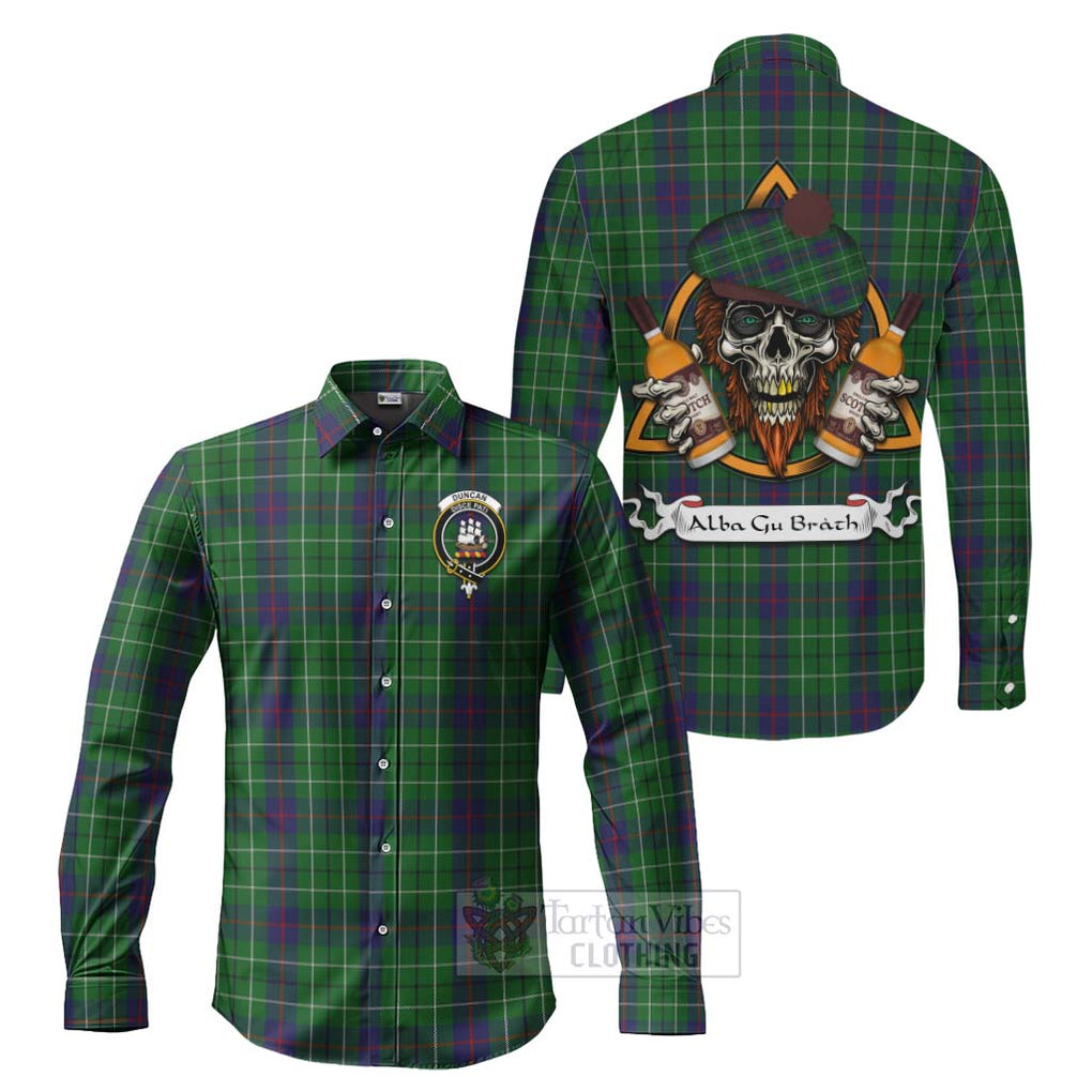 Tartan Vibes Clothing Duncan Tartan Long Sleeve Button Shirt with Family Crest and Bearded Skull Holding Bottles of Whiskey