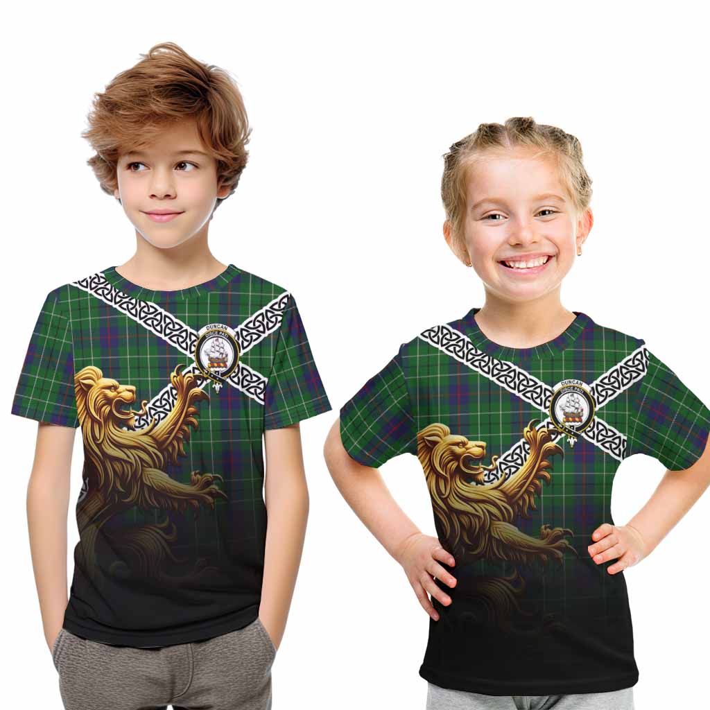 Tartan Vibes Clothing Duncan Crest Tartan Kid T-Shirt with Golden Lion Emblem Celtic Style