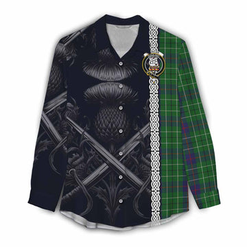Tartan Vibes Clothing Duncan Tartan Women's Casual Shirt with Family Crest Cross Sword Thistle Celtic Vibes