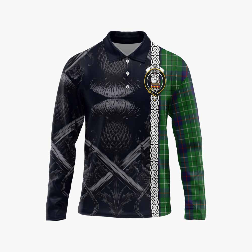 Tartan Vibes Clothing Duncan Tartan Long Sleeve Polo Shirt with Family Crest Cross Sword Thistle Celtic Vibes