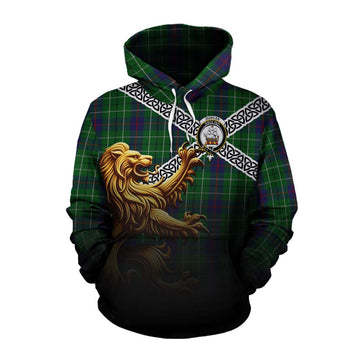Duncan Crest Tartan Cotton Hoodie with Golden Lion Emblem Celtic Style