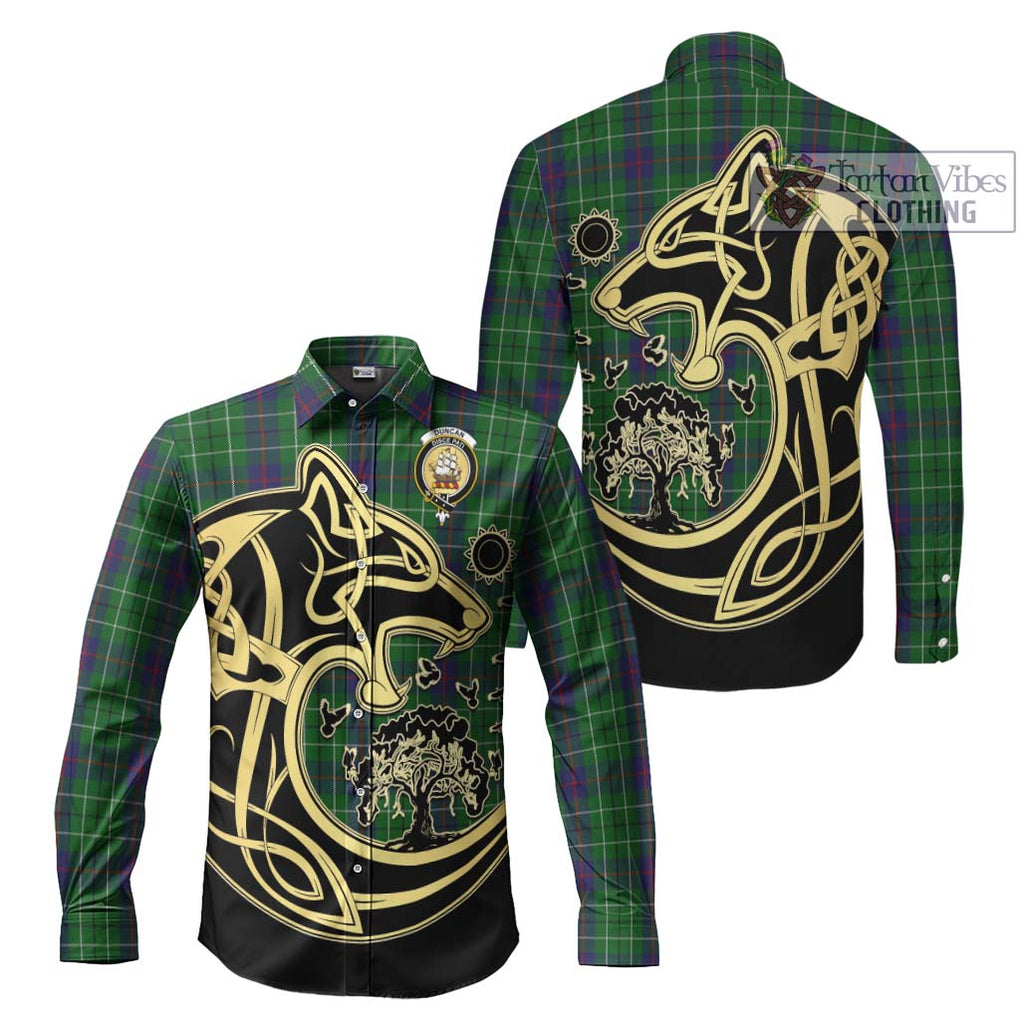 Duncan Tartan Long Sleeve Button Shirt with Family Crest Celtic Wolf Style Men's Shirt S - Tartan Vibes Clothing