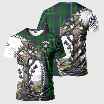 Tartan Vibes Clothing Duncan Agnew Tartan T-Shirt with Family Crest and St. Andrew's Cross Accented by Thistle Vines