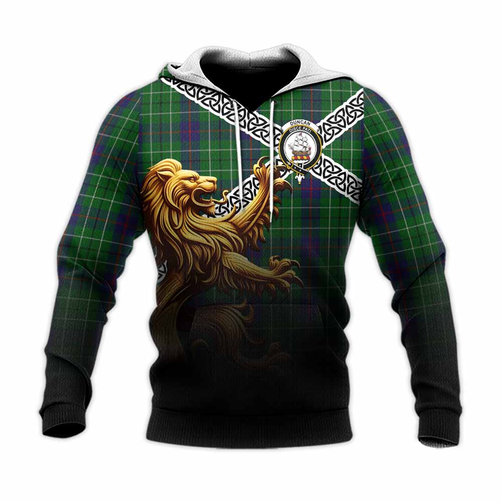 Tartan Vibes Clothing Duncan Crest Tartan Knitted Hoodie with Golden Lion Emblem Celtic Style