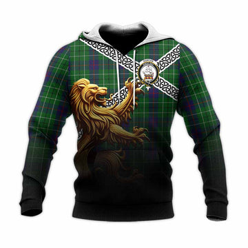 Duncan Crest Tartan Knitted Hoodie with Golden Lion Emblem Celtic Style