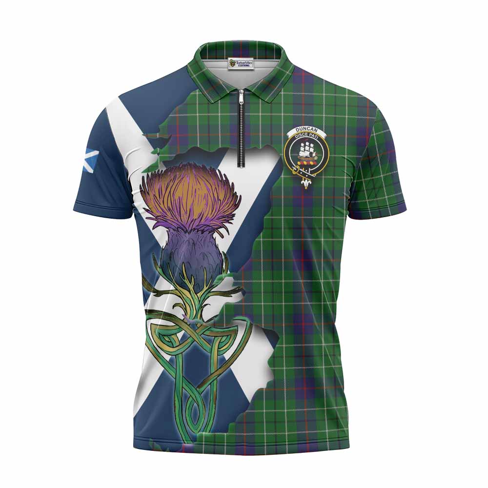 Tartan Vibes Clothing Duncan Tartan Family Crest Zipper Polo Shirt Scottish Thistle Celtic Inspired