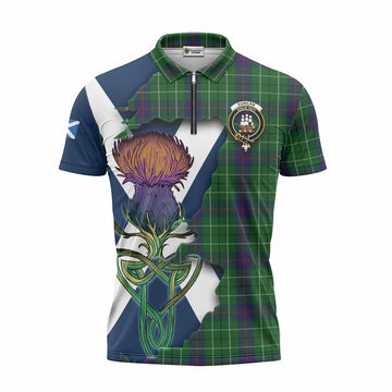 Duncan Tartan Family Crest Zipper Polo Shirt Scottish Thistle Celtic Inspired