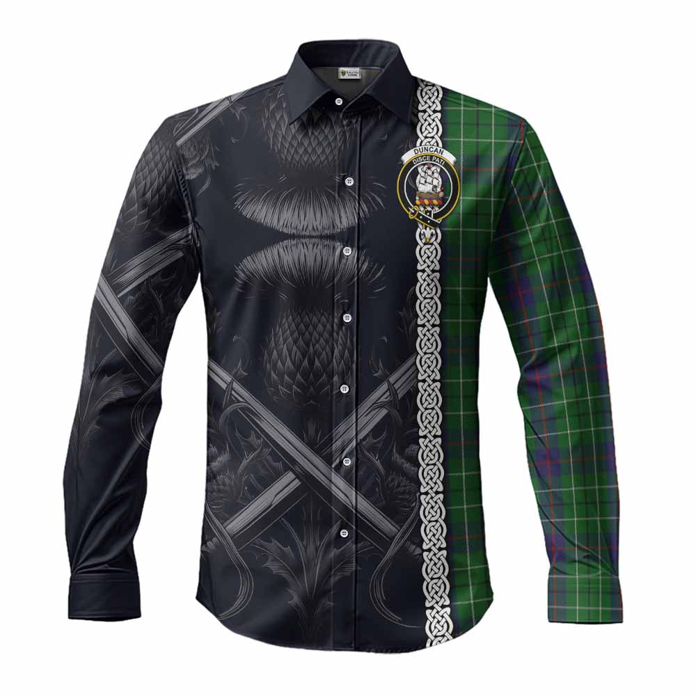 Tartan Vibes Clothing Duncan Tartan Long Sleeve Button Shirt with Family Crest Cross Sword Thistle Celtic Vibes