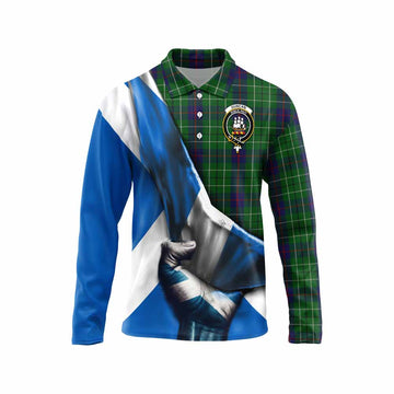Tartan Vibes Clothing Duncan Tartan Long Sleeve Polo Shirt with Family Crest Scotland Patriotic Style