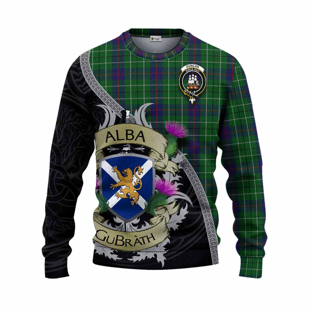 Tartan Vibes Clothing Duncan Tartan Family Crest Knitted Sweater Lion Rampant Royal Thistle Shield Celtic Inspired