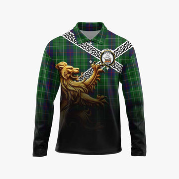 Duncan Crest Tartan Long Sleeve Polo Shirt with Golden Lion Emblem Celtic Style