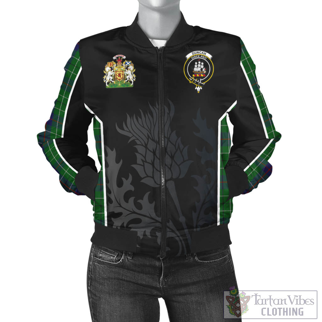 Tartan Vibes Clothing Duncan Tartan Bomber Jacket with Family Crest and Scottish Thistle Vibes Sport Style