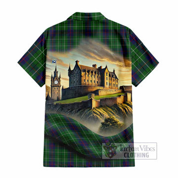 Tartan Vibes Clothing Duncan Tartan Family Crest Short Sleeve Button Shirt with Scottish Ancient Castle Style